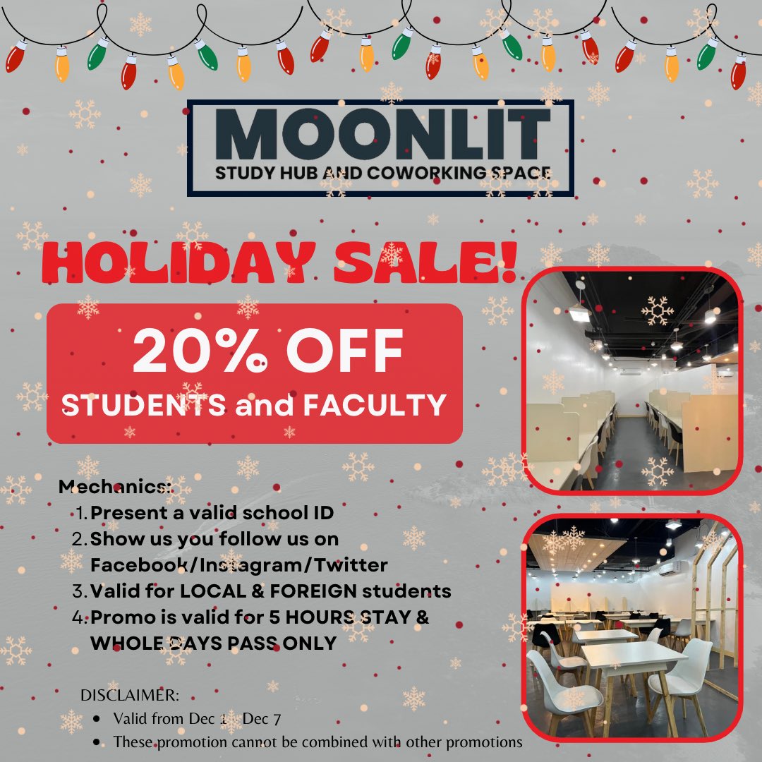 Moonlitstudyhu's tweet image. Hohoho! To mend your broken heart, let’s sleigh this season with exclusive deals and jolly discounts 😍

Nuna? Tara na kasi 🤸‍♀️

⏰ 8AM-6AM (MON-SUN)
📞 09281983291 / 09088975796
📍GF Tower A, Isabelle De Valenzuela, Valenzuela City (Across KFC Fatima)