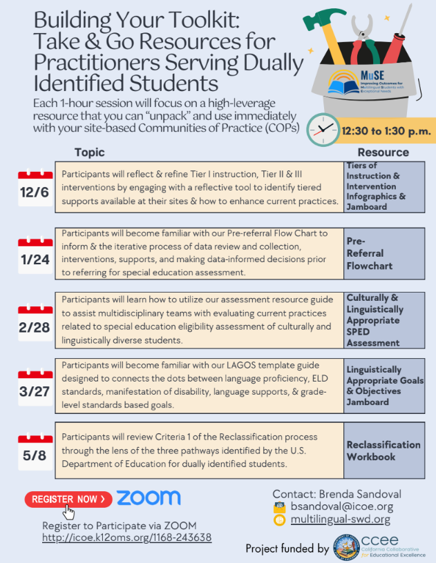 el_swd's tweet image. Hello friends! There's still⌚to register for our 🚨 FREE PD 1-hr series. Each session is centered around unpacking a resource &amp;amp; providing a context to use it in support of dually identified students. Register 👆icoe.k12oms.org/1168-243638 #CollectiveCommitment #ELSWD #multilingual