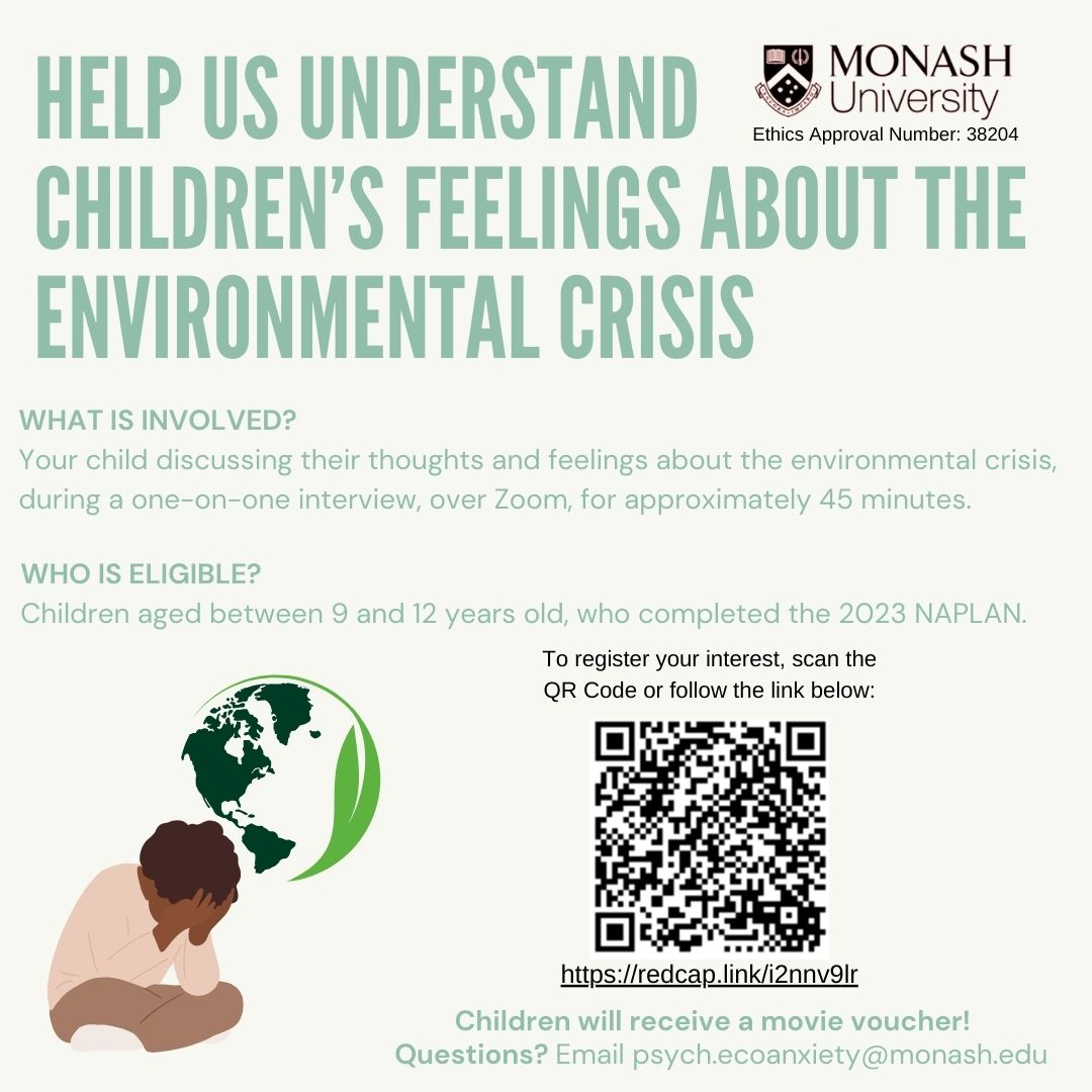 CDDTlab's tweet photo. We want to understand your children's feelings about the environmental crisis. We are recruiting children aged between 9-12 years to participate in a one-on-one interview online!

To express your interest, click here: https://t.co/Hexowg8p2C https://t.co/y259jtAH6T