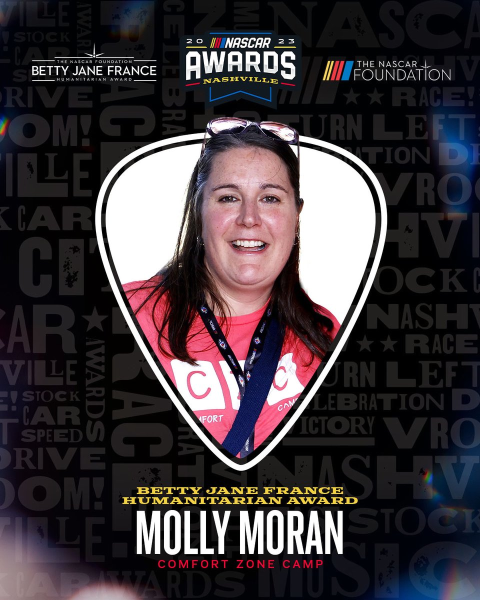 She continues to make a lasting impact on countless young lives. Molly Moran is the winner of The @NASCAR_FDN's 2023 Betty Jane France Humanitarian Award! #NASCARAwards