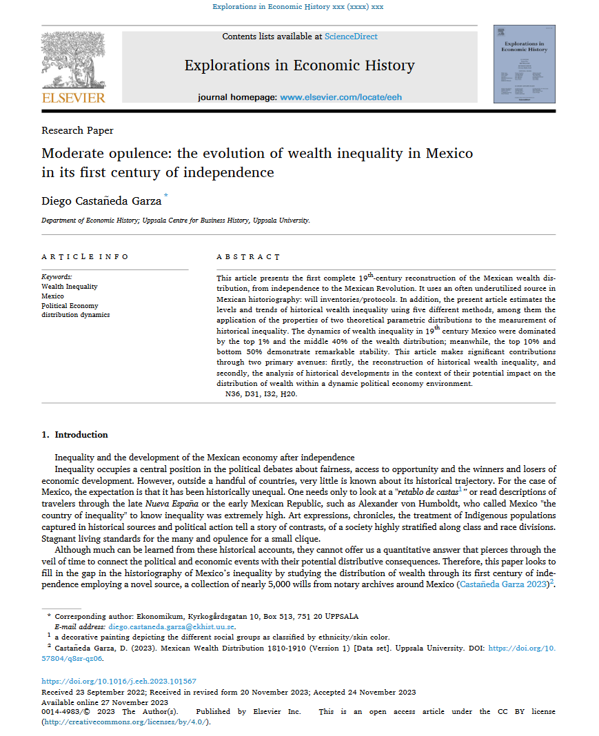 Thrilled to share the publication of my latest academic paper! 🤓📊 Dive into the complexities of wealth inequality in Mexico during the 19th  century. A captivating journey through a century of state formation and elite dynamics. #EconTwitter #inequality #Mexico
