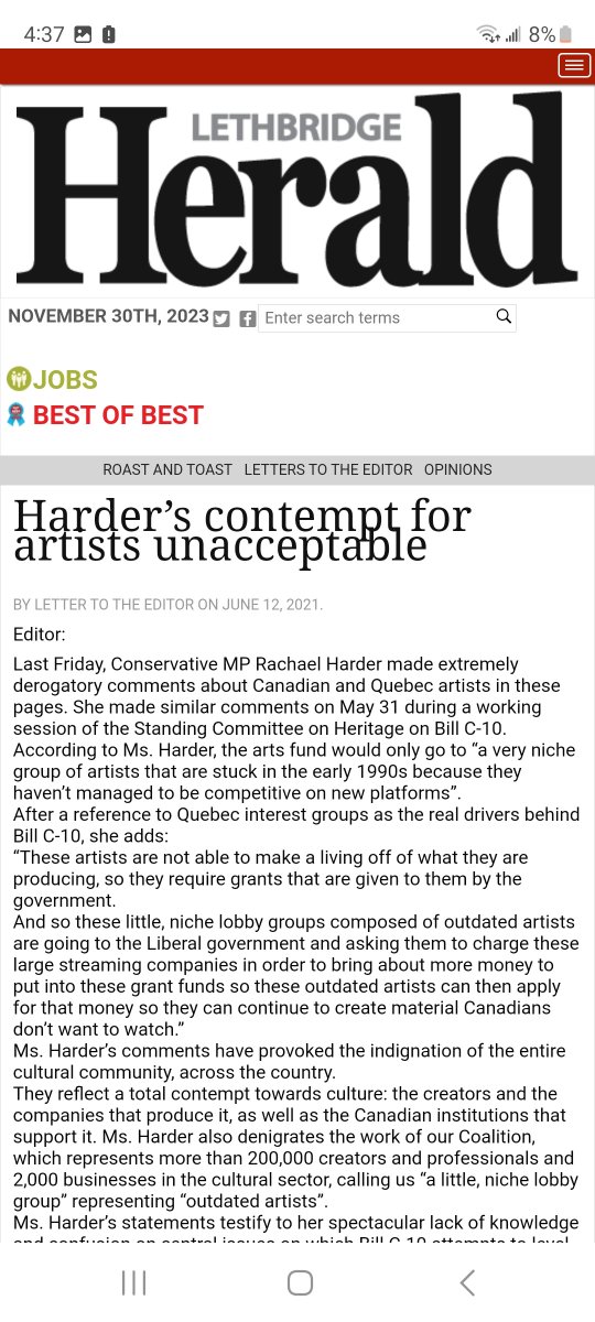 Joanbeam3000's tweet photo. @Frajud12 @DonCochraneYOW This is not the first time Rachael Thomas has gotten herself into hot water as a member of the Heritage Committee.
In a 2021 #BillC10-related interview with the Lethbridge Herald, her derogatory remarks drew the ire of Quebec + Canadian artists, justifiably so. 🤷🏻♀️
#CdnPoli https://t.co/L2kUGJGPjI