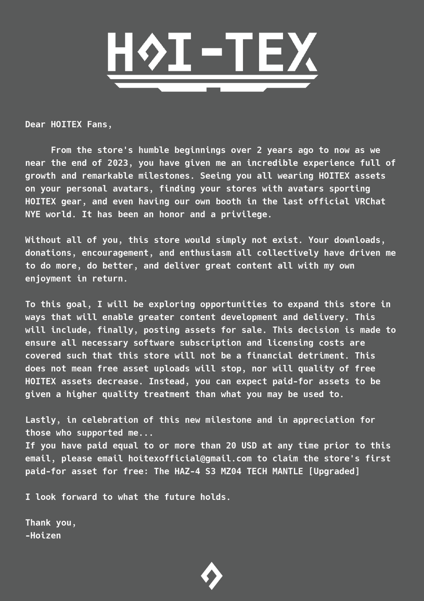 The dawn of a new era for the HOITEX Store begins now. To all concerned, please see below.