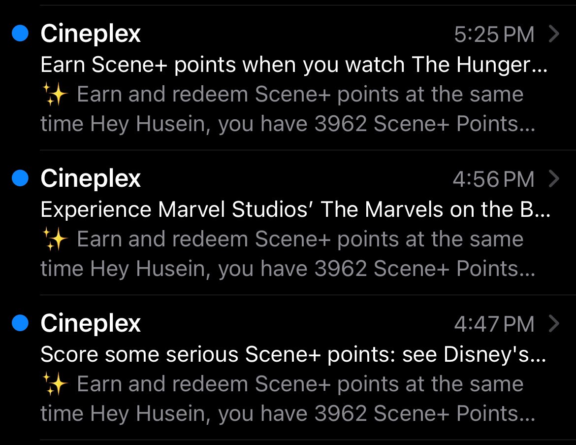 I think the people at <a href="/CineplexMovies/">Cineplex</a> have lost their minds. 3 emails in under an hour? This is how companies get customers to unsubscribe en masse! Whoever approves this kind of email frequency should be reassigned.

#Marketing #MarketingFail