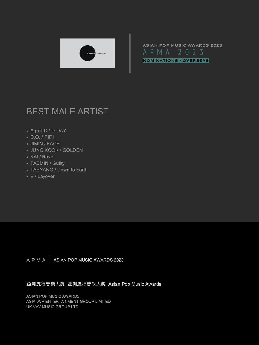 SUGATeam93's tweet photo. 🗳️ ASIAN POP MUSIC AWARDS 2023

Agust D is nominated at Asian Music Awards 2023 for:
• Best Male Artist - Agust D 'D-DAY'
• Best Collaboration - Agust D 'People Pt.2 (Feat. IU)'

🗳️ Voting details will be announced later

#방탄소년단슈가 #SUGA #슈가 #BTSSUGA #AGUSTD @BTS_twt https://t.co/nhCPjDZCdO