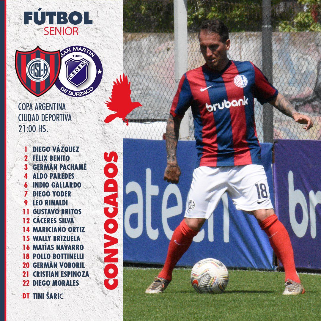 📋 ¡Los elegidos del Ciclón!

#Sanlorenzo enfrentará a San Martín de Burzaco en Ciudad Deportiva desde las 21, por la Copa Argentina Senior.

🎟️ Entradas:

✔️ Socios sin cargo
✔️Invitados $800
✔️Estacionamiento socios $ 400
✔️Estacionamiento visitante $ 1500
 
#VamosCiclón 💙💪🏻❤️