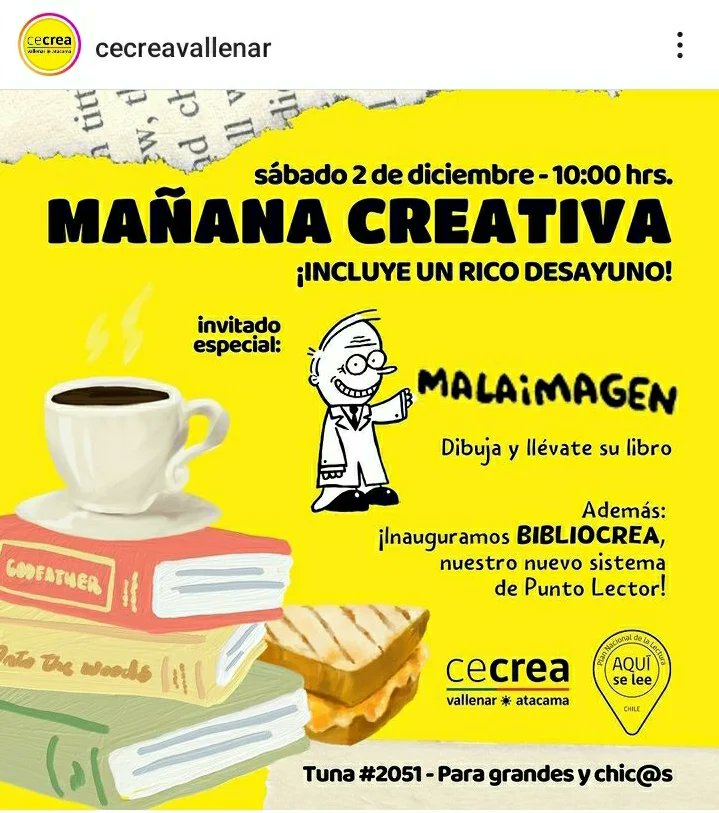 ¡Mañana viernes 01 y el sábado 02 estará el capísimo y amigo nuestro <a href="/malaimagen/">malaimagen</a> en Cecrea Vallenar! Mañana para 13 a 19 años y el sábado para todas las edades. Inscripciones en vivececreavallenar.com ¡A lo mejor aún alcanzan a colarse! 📚🦙🧙🏻‍♂️🖌👌