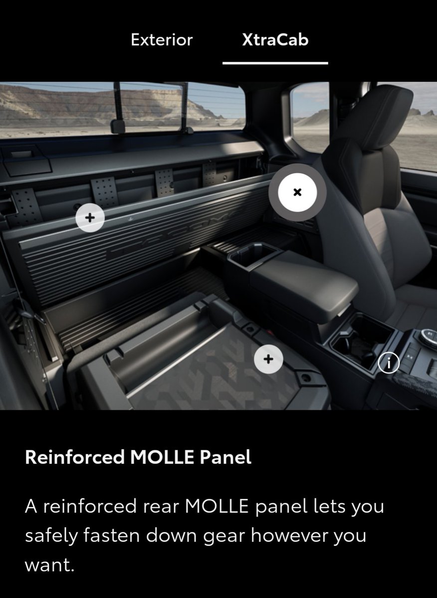 Warped_Horizon's tweet photo. @SnazzyLabs Toyota beat Tesla to the Molle interior by a handful of days, on the 2024 Tacoma XtraCab: https://t.co/WzG8Y8jKPZ