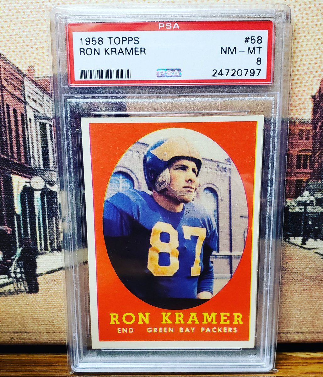 SconnEtradition's tweet photo. #79 on the Top 100 of 2023 list - 1958 Topps Ron Kramer RC in PSA 8 only 2 graded higher (no 10s). He is a member of the Packers HOF, 2x NFL Champ, 2x All-Pro, member of the NFL 50th Anniversary team, and No.87 retired by Michigan. #ronkramer #greenbaypackers #michiganwolverines https://t.co/grE8S8RjwW