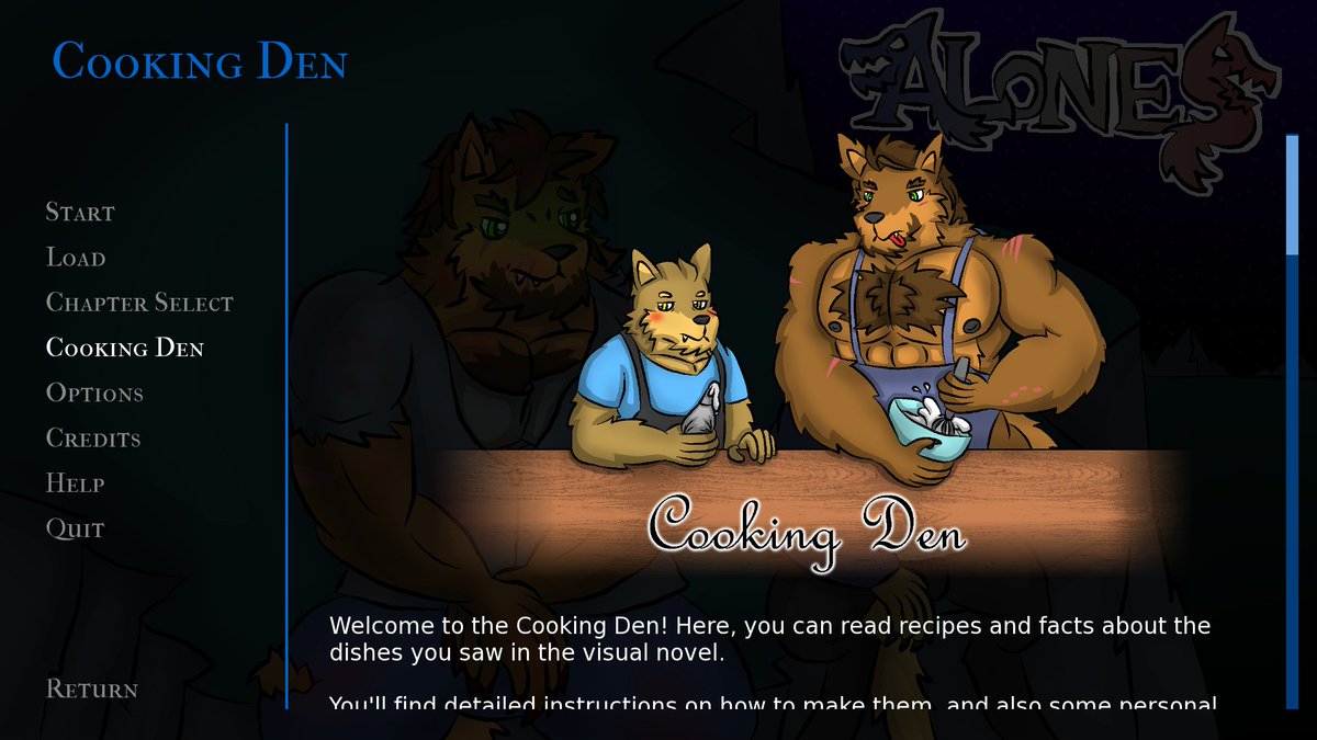 Fourth update of Alones!

More story, CGs, characters, and a brand new menu, the Cooking Den! 
You can see different recipes and facts about dishes you see in the vn :3

wackywoof.itch.io/alones/devlog/…

#AlonesVN