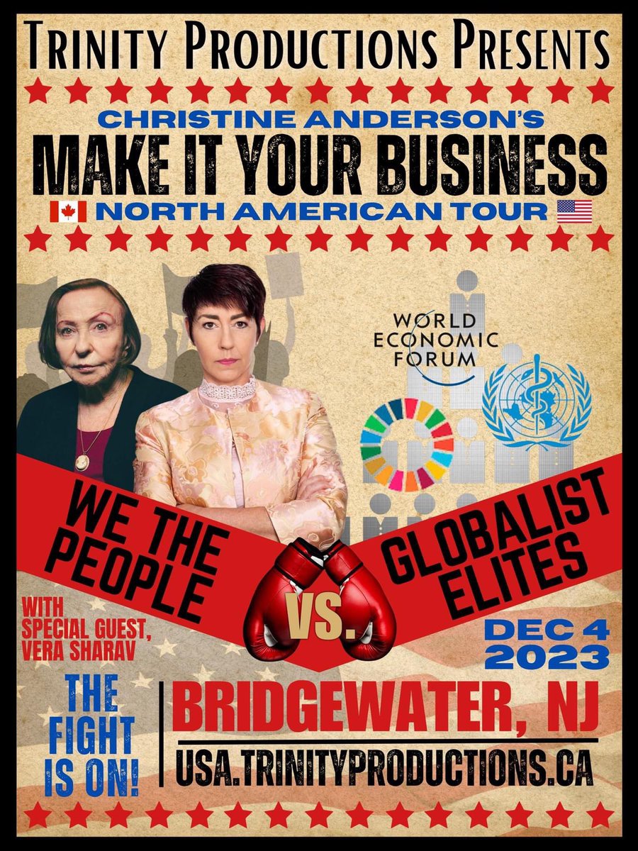 🛑🇺🇸Next stop on the #MakeItYourBusinessTour!…#NEWJERSEY!!!🇺🇸 
Join @AndersonAfDMdEP and @VeraSharav and make the fight against globalist tyrants YOUR BUSINESS👊 Go to USA.TrinityProductions.ca for info and reserve your spot!! See you there #NJ!! 
#TheFightIsOn