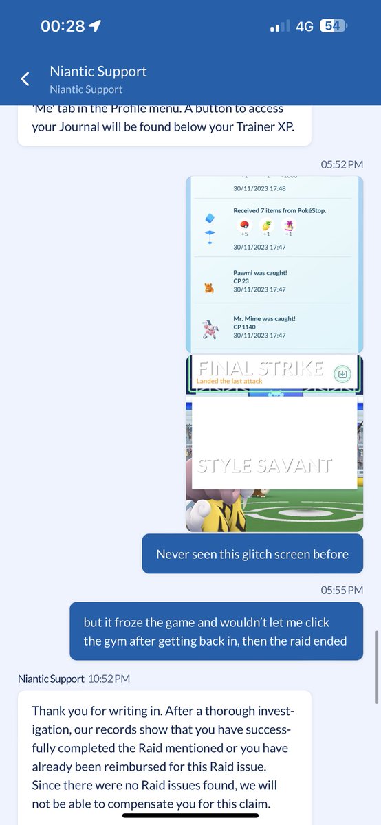 MarcLavelle's tweet photo. @NianticHelp @NianticLabs 

Twice I have had premium raid passes lost to game glitch, and twice your bot says I completed the raid, despite the issue is not being taken to the catch screen, and despite showing requested screenshots of the journal AND a screen shot of the glitch. https://t.co/zUxTdOUiS1