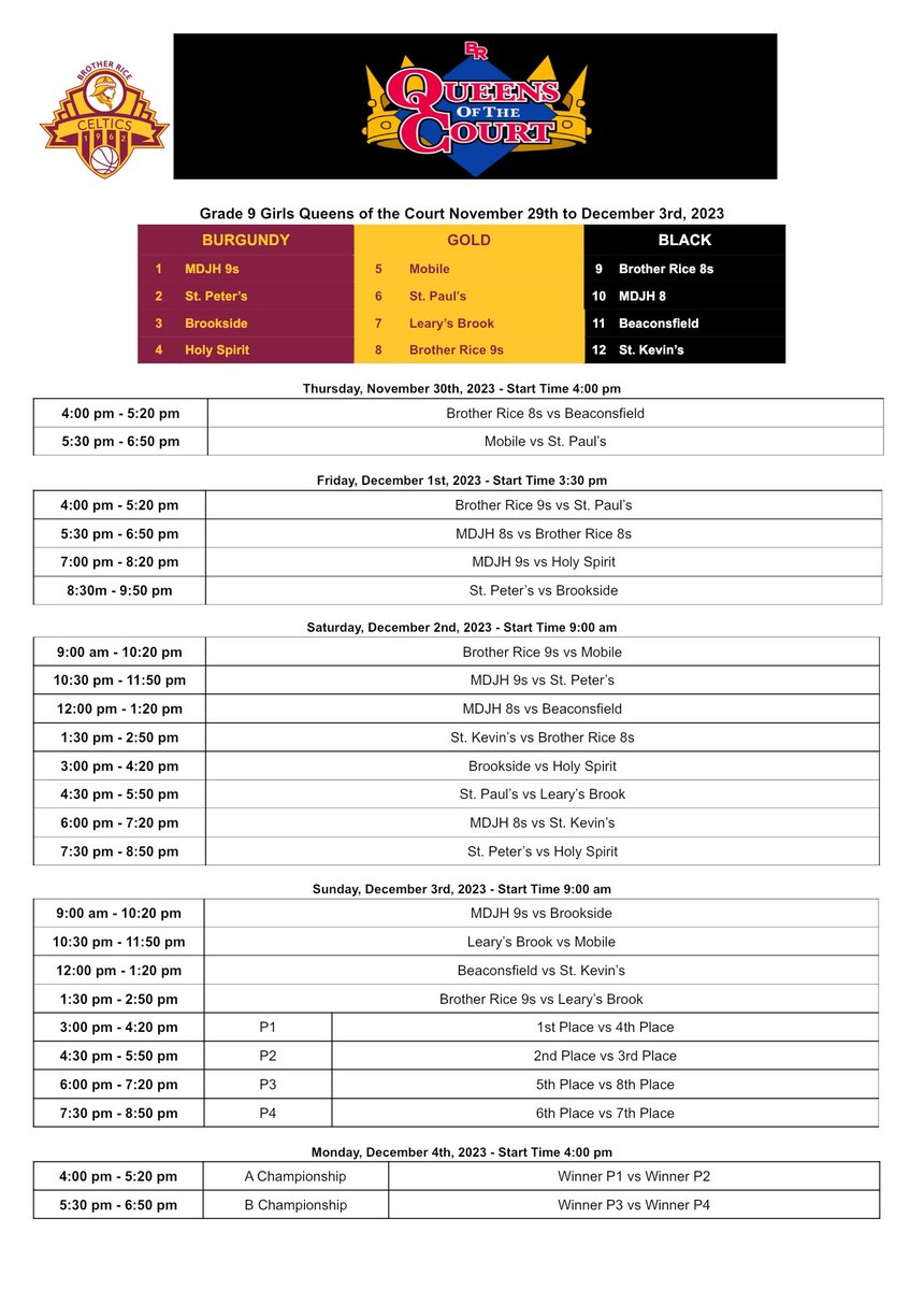 The Biggest Jr High Basketball Tournament in NL started 2nite with 2 great games and Ws 4 <a href="/bjhsaxons/">Beaconsfield Jr.High</a> and <a href="/MCHSMonarchs/">MCHS - Mobile High</a>. Here’s the schedule so you’ll know when to cheer on YOUR team! 👀 🏆 🎉 <a href="/BRJHCeltics/">Brother Rice Celtics</a> <a href="/mdjh/">MDJH</a> <a href="/Brookside_PE/">Brookside Intermediate Phys. Ed Dept.</a> <a href="/SPJHPythons/">SPJH</a> @stpaulsjh <a href="/learysbrook/">Leary's Brook Jr High</a> <a href="/stkevjr/">SKJH</a> <a href="/NLESDCA/">NLESD</a>