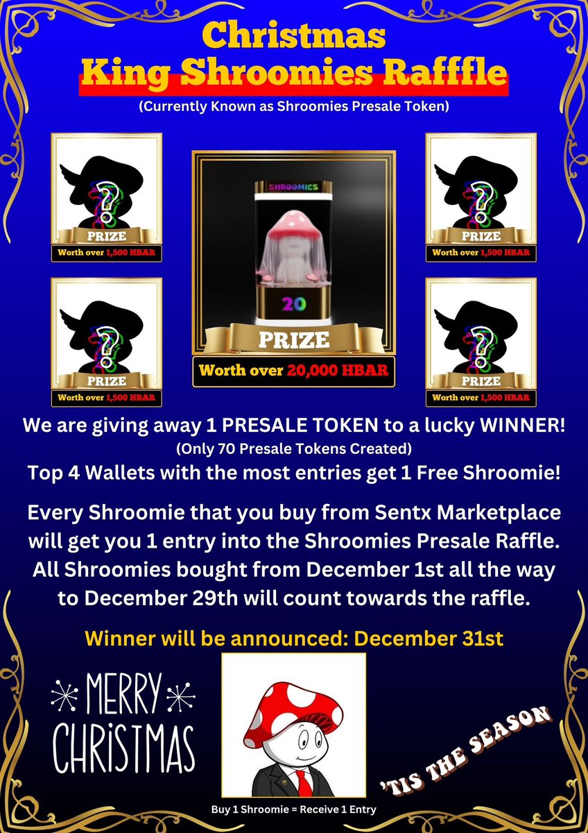 Massive Raffle Contest(25,000+ HBAR)💥

Every Shroomie you purchase from <a href="/SentX_io/">SentX</a> market gets you 1 entry into the Raffle at the end of the month!

Top 4 Wallets with the most purchases will receive 1 Free Shroomie!

If you have been eyeing Shroomies this is your opportunity.