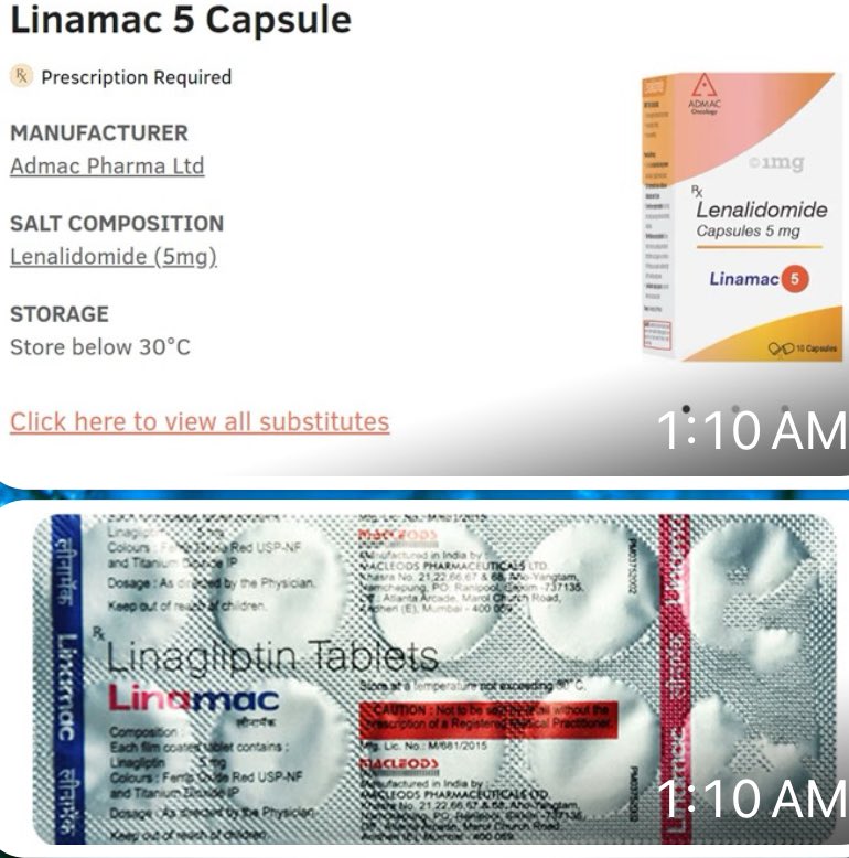 This is a disaster waiting to happen. How can Indian regulators allow this? A teratogenic cancer drug and a diabetes pill with the same name. cc: @nramind @nambath @ramyakannan