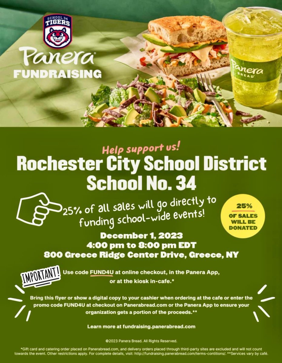 Rcsd34's tweet photo. Tomorrow is the day! Visit Panera in Greece from 4-8 to support our school in raising money for school-wide events to make school engaging and fun for all our Tigers!❤️💙🐅 https://t.co/JkEMhCRD9F