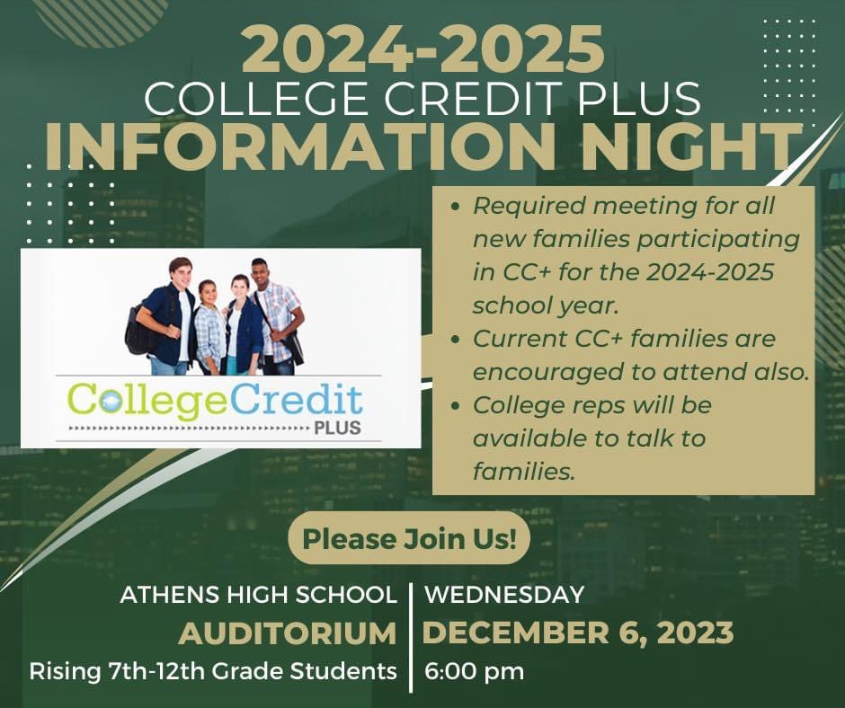 ACSD_Athletics's tweet photo. If your student(s) are interested in participating in College Credit Plus during the 24-25 academic school year, please join us on Wednesday, December 6th at 6:00 pm in the AHS Auditorium for CC+ Information Night. https://t.co/WUx17bNLeT