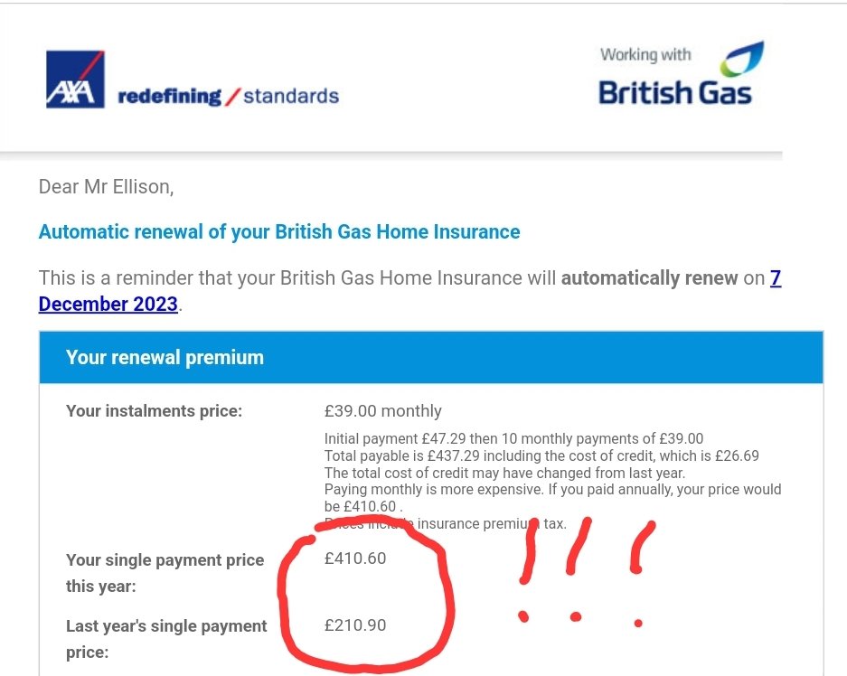 NinjaDropbear's tweet photo. Hey @axainsurance @BritishGas - care to have a go justifying this renewal quote before I cancel? Insured for 17 to 18 years without EVER making a claim in case you're wondering! #Ripoff  @BBCWatchdog @TradeStandards  @TheFCA https://t.co/DiygEtuaLH