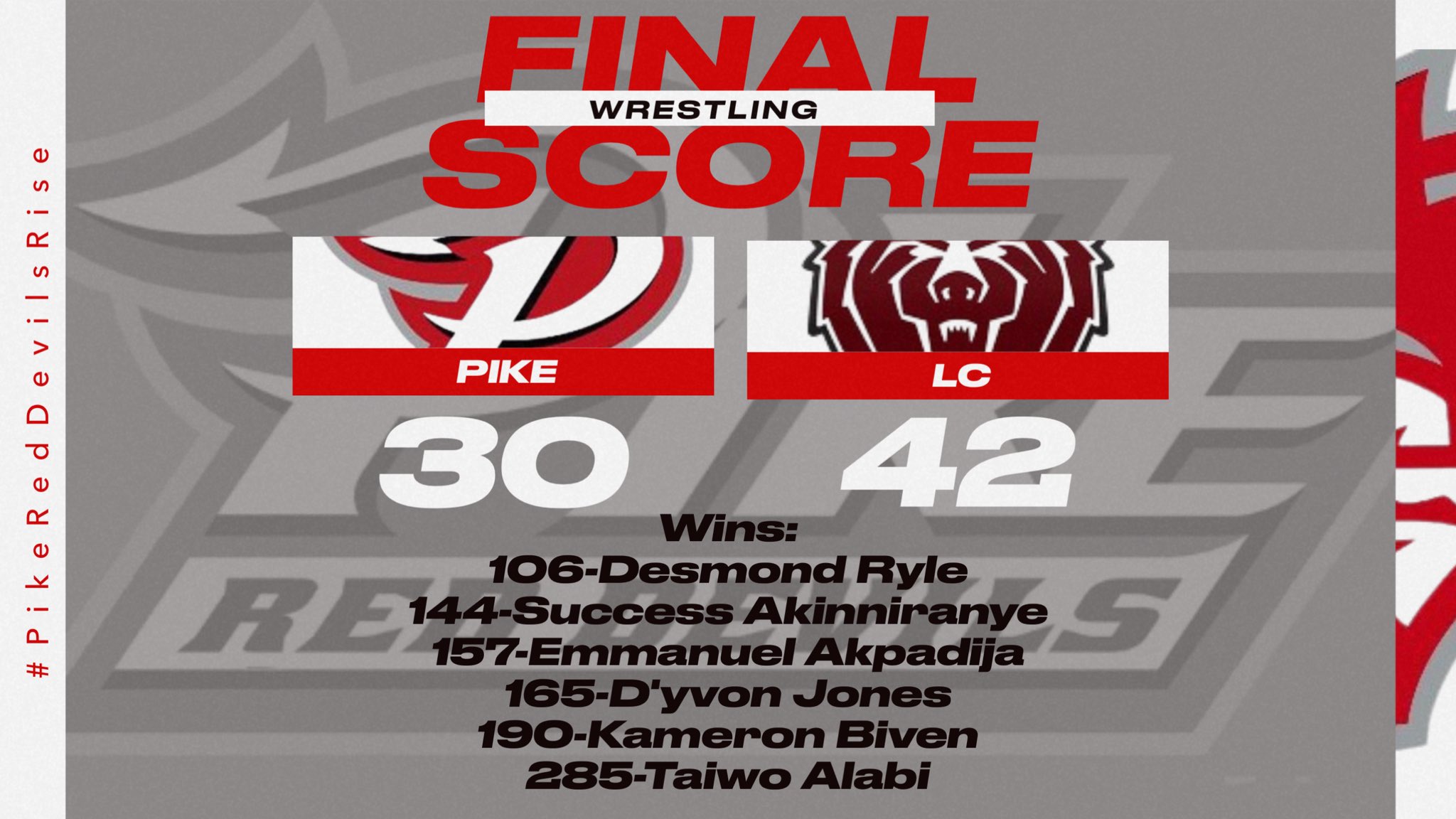 Pike Red Devils on X: Wrestling loses a close match to Lawrence Central.  Their next match will be Saturday at Bloomington South. Start time is 9am  #PikeRedDevilsRise t.co1ykWFyLleX  X