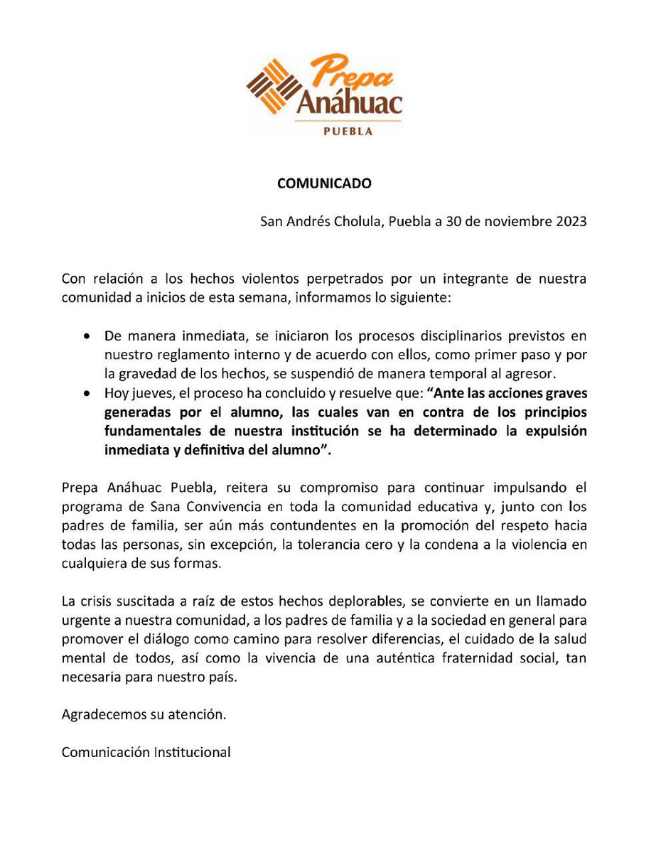 POSTAEdomex's tweet image. 🚨 Expulsan a #PatricioPereyra de la Anáhuac 🚨

El #Pipope que agredió a un guardo de seguridad en Lomas de Angelópolis, #Puebla, ya fue expulsado de forma definitiva de la Prepa Anáhuac. 🏫

Así lo expresó la institución a través de sus redes. 📱

Castigo merecido 👏🏽