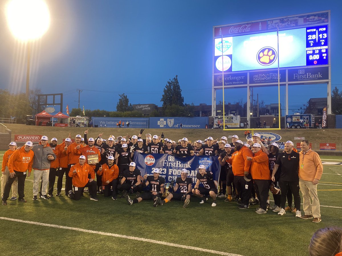 JasonSpray's tweet photo. What a day!!! Been thru a lot of games over 10+ years at MTSU with these guys but tonight was right up there!!! So proud of these kids l!! First state championship in school history!!! @MTCSAthletics @MTCSFB Drew Shea Zach Willis https://t.co/7rY1ZZ4FH9
