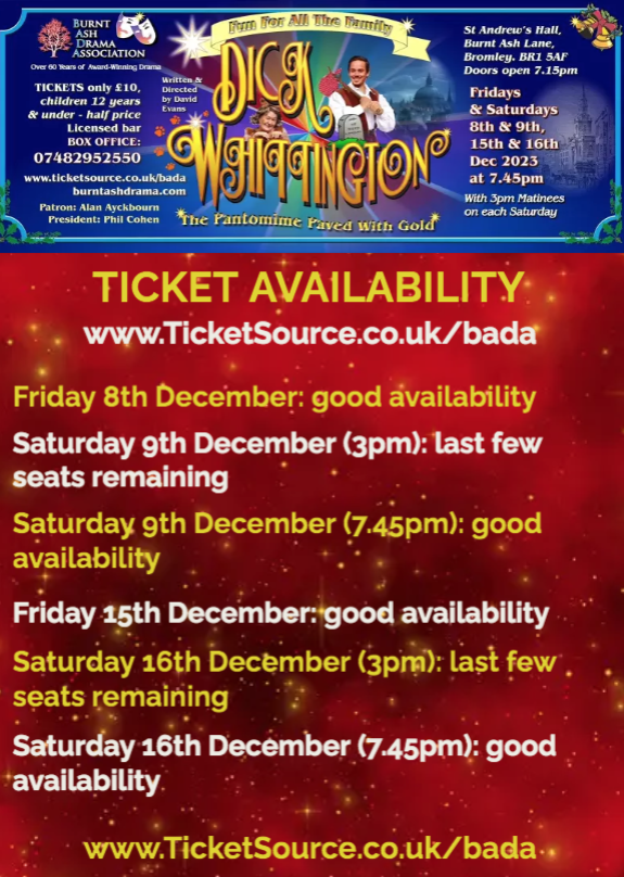 drama_ash's tweet photo. ONE WEEK UNTIL OPENING NIGHT!!!  @drama_ash's Dick Whittington is selling well.  Get your tickets now from https://t.co/tMhTjfDgbT.  There's only a few matinée seats left - so grab yours today!  There's still 4 evenings as well, but hurry so you don't miss out. #BADAWhittington https://t.co/YqlkToWmRm