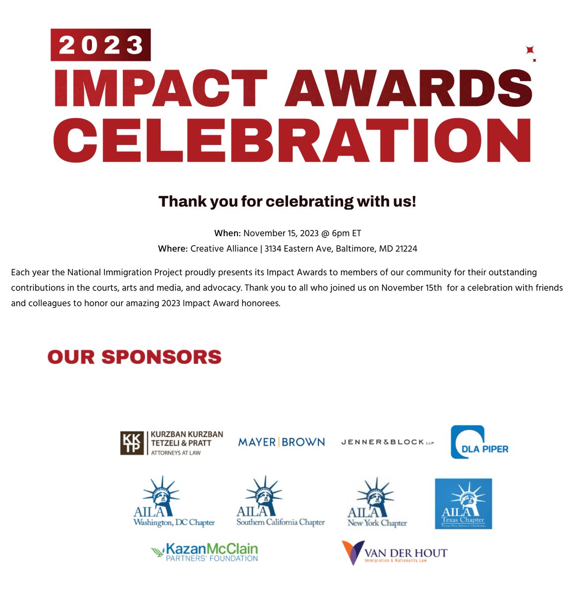 The Kazan McClain Partners' Foundation proudly supported the National Immigration Projects’ Impact Awards held in Baltimore on November 15, 2023 and congratulates the 2023 award winners. #kazan #kazanlaw #GivingBack