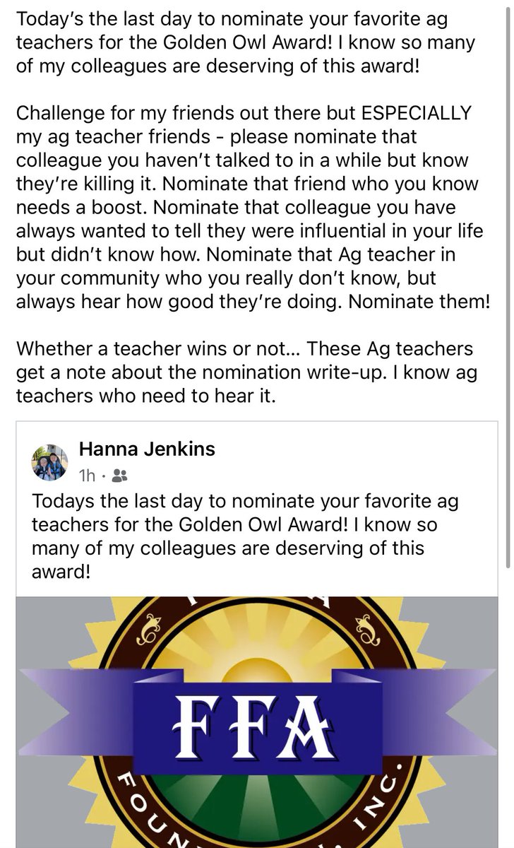 JamiePudenz's tweet photo. Today’s the last day to nominate your favorite ag teachers for the Golden Owl Award! I know so many of my colleagues are deserving of this award! See picture below! 

https://t.co/3ELlBvjoA7 https://t.co/b3WWdvRGKG