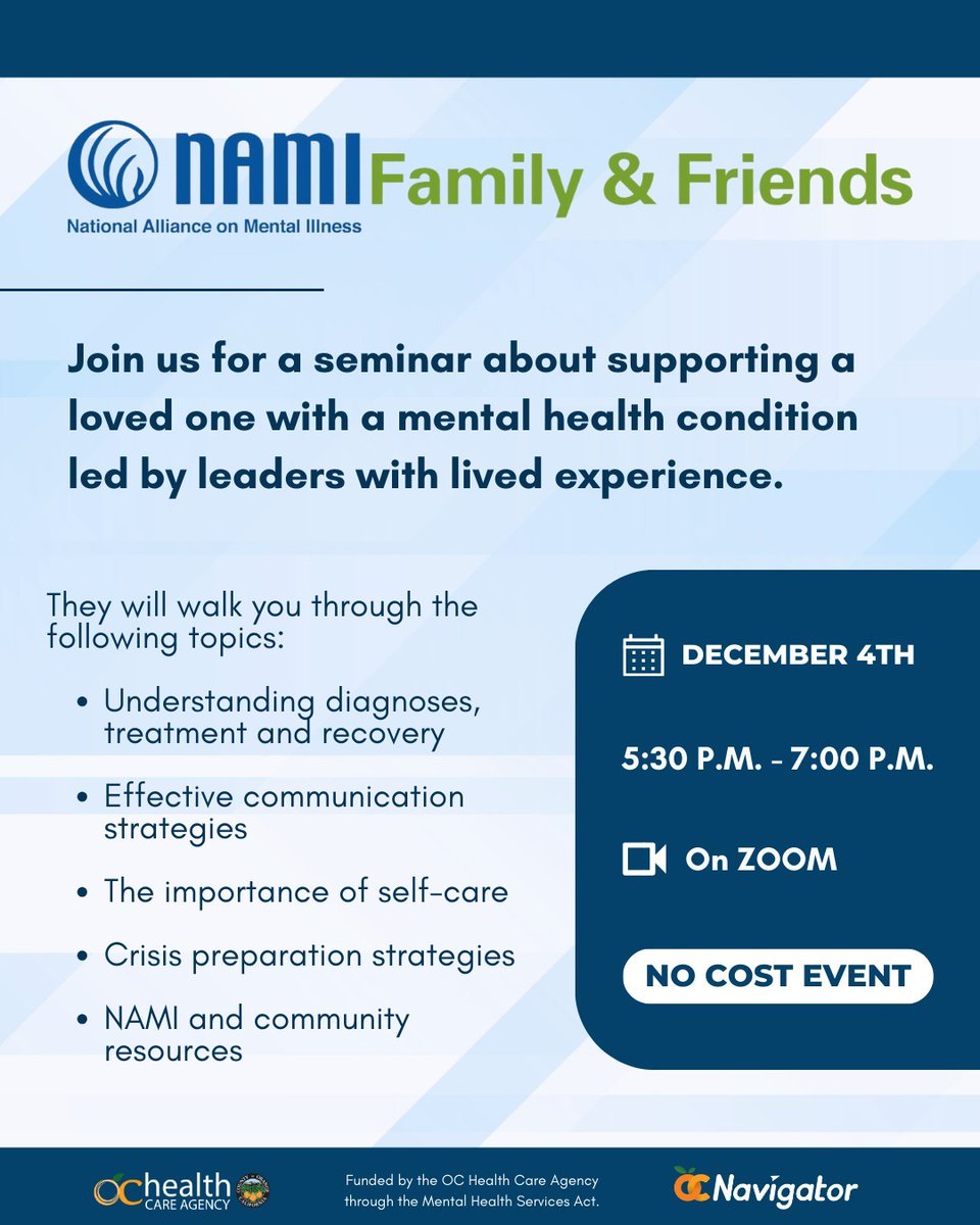 NAMIOC's tweet photo. π’ Don't forget! Empower yourself to support a loved one's mental health journey! Join NAMI OC for a virtual Friends and Family Night on December 4th via Zoom led by experienced leaders with personal insights!
Register at https://t.co/muHWVerK5f
#NAMI #NAMIOC #Friends #Family https://t.co/AxzPmUJJAJ