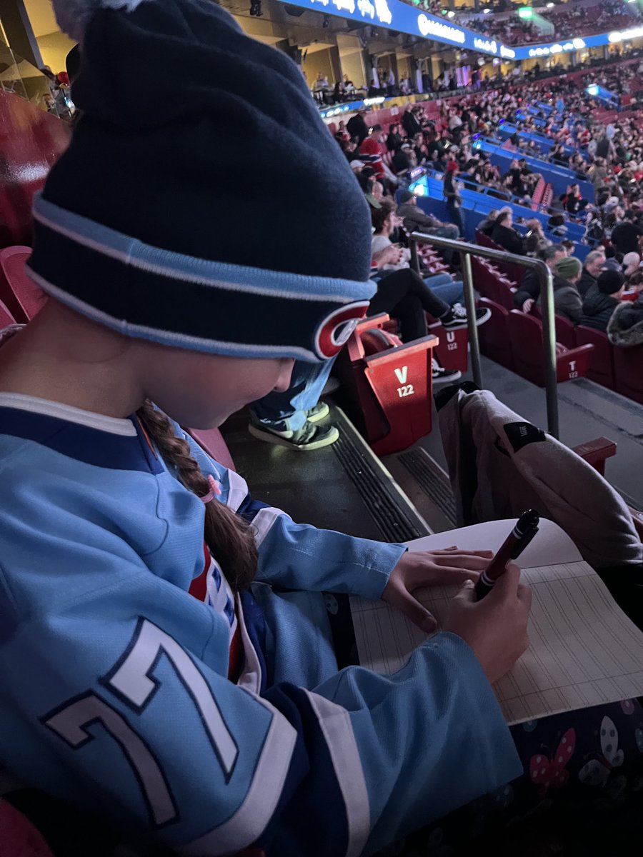 sandylazaro's tweet photo. Catherine’s favourite player #77Dach is not playing. She got her free book from the kids club and I bought her some pens. She’s drawing during intermission and drew this..❤️ #Habs #gohabsgo https://t.co/iEFHmFgpXV