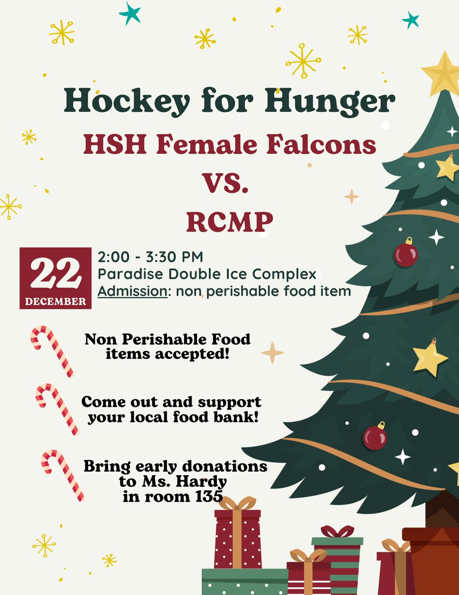 Our 2nd annual hockey game for the food bank is happening December 22nd from 2-3:30 PM at the Paradise Double Ice Complex! Come out and watch the Female Falcons take on the <a href="/RCMPNL/">RCMP Newfoundland and Labrador</a> for a great cause! 
#HockeyForHunger  
<a href="/HolySpiritHS/">Holy Spirit High</a> <a href="/HSH_PE_Dept/">HSH PE Dept</a> <a href="/HSFalconHockey/">Falcons Hockey</a>