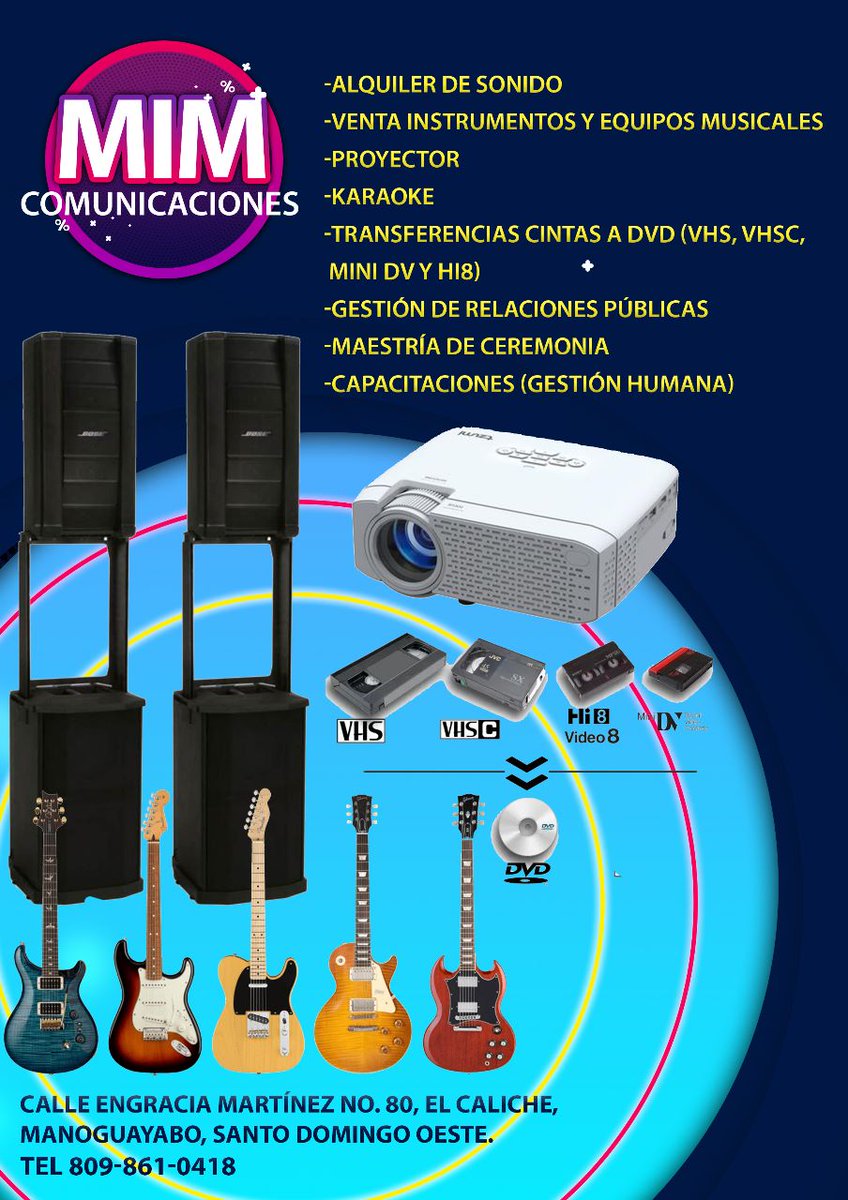 Ivanarmandof's tweet photo. MIM Comunicaciones 

¿TIENES UNA ACTIVIDAD FAMILIAR?

Alquiler sonido de para eventos, micrófonos inalámbricos, planta eléctrica, proyector.

Venta de equipos de sonido e instrumentos musicales como guitarras, bajos, pianos, bocinas.

Servicio de RRPP

809-861-0418 Iván Féliz. https://t.co/Ql5BafBrZW