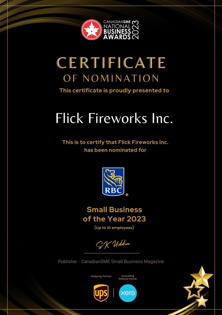 🚀✨ Let the Celebration Begin! Flick Fireworks is thrilled to share the exhilarating news – we've been nominated for the CanadianSME National Business Awards 2023! 🏆 Our passion for pyrotechnics has ignited a spark, and this nomination is the dazzling result!
🎉