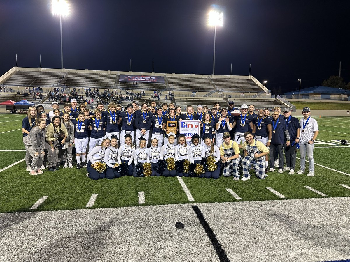 GregWright25's tweet photo. PCA North wins the very first TAPPS State Championship in School History with a 70 - 22 win over Baytown🏆🏈🦁 # Year of Champions! Glory to God ✝️@PCANorthSports @pcanorthcampus @PCAAthletics @drmike_goddard @iamsjcole https://t.co/cL2dLYxsN2