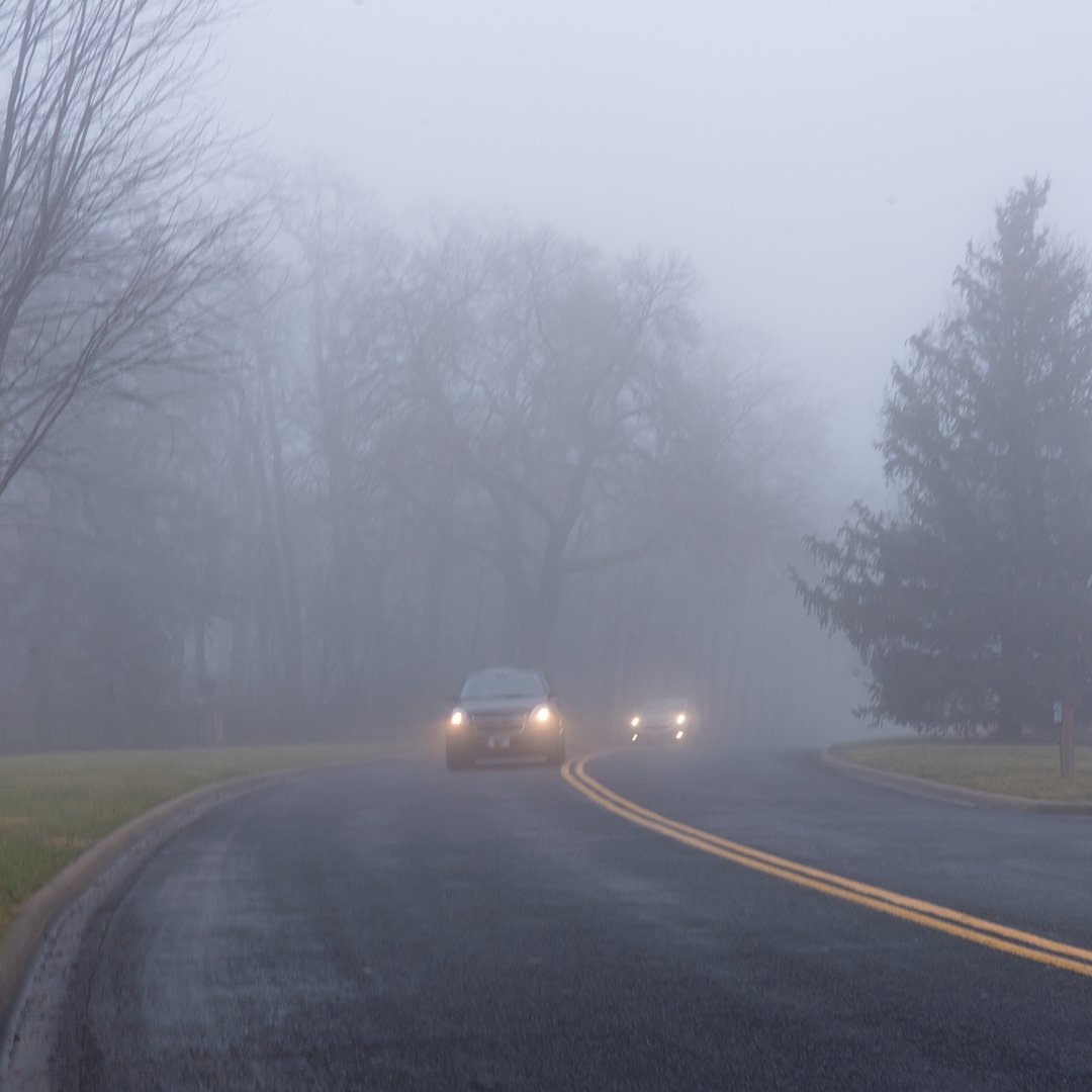 prjjoe's tweet photo. Why does turning on your high beams when it’s foggy make it harder to see the road? Because the light bounces off tiny water droplets in the air, reducing visibility. https://t.co/l6DJT9EWQx