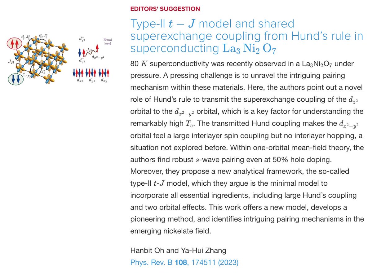 PhysRevB's tweet image. PRB Editors' Suggestion: Type-II t−J model and shared #superexchange coupling from Hund's rule in #superconducting #La3Ni2O7

Hanbit Oh and Ya-Hui Zhang
Phys. Rev. B 108, 174511

➡️ go.aps.org/3GipbbI
#EdSugg #condmat #physics @APSPhysics