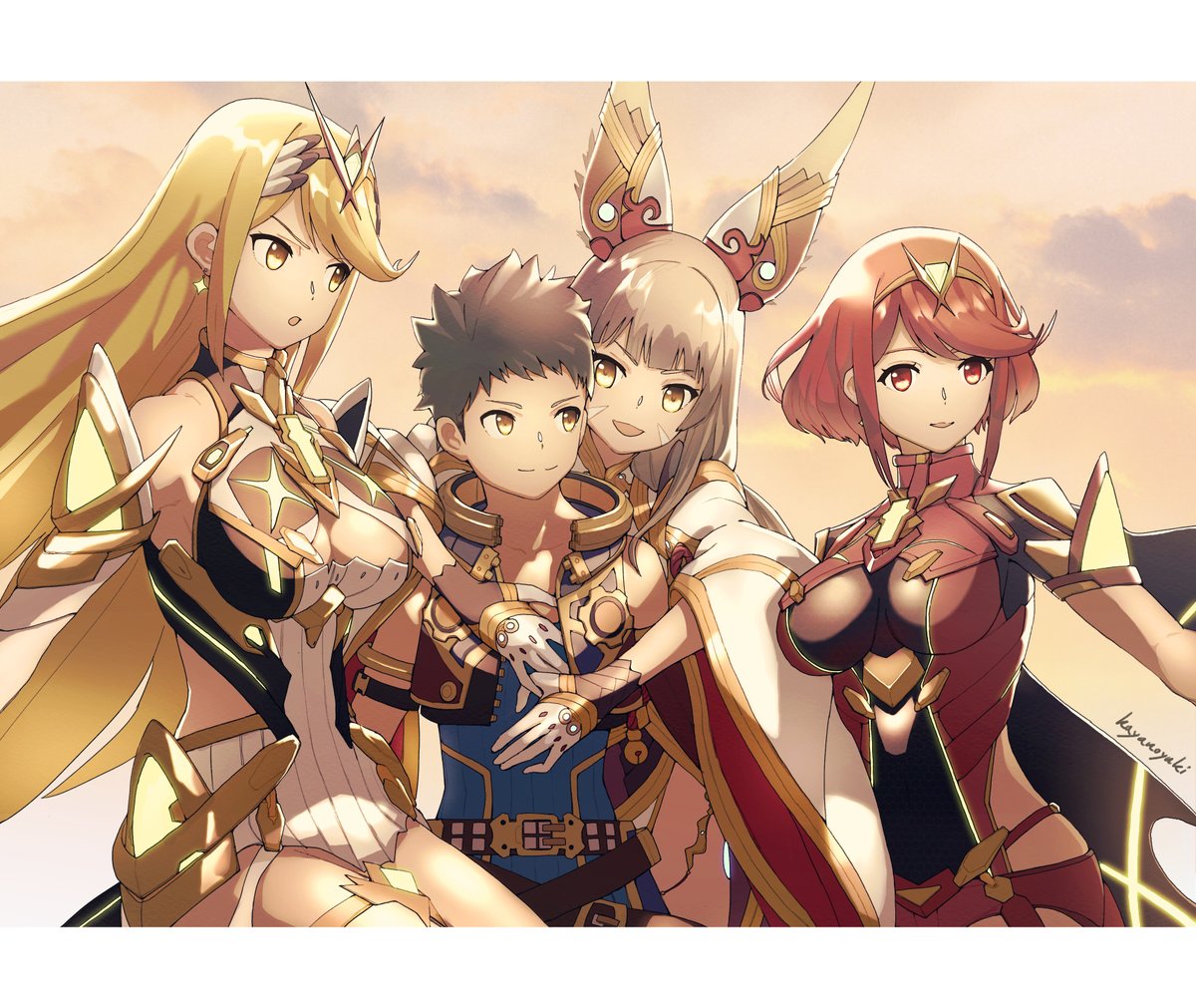 ヒカリ(ゼノブレイド2) ,プネウマ(ゼノブレイド2) ,ホムラ(ゼノブレイド2) ,レックス(ゼノブレイド2) 「ゼノブレイド2 6周年おめでとうございます! これまですべてのゼノブレイド2のイ」|kayanoyuki/デザイナーのイラスト
