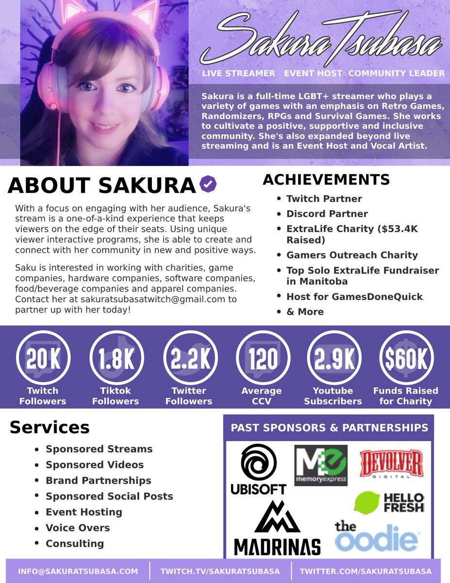 SakuraTsubasa's tweet photo. 🌸My Media Kit🌸

Hey! I'm Saku! A video game Live Streamer, Singer and Event Host who is open to sponsorships, brand collabs, game demos and more!

Connect with me!📨
Business Contact: info@sakuratsubasa.com https://t.co/0uKEDUSnRh