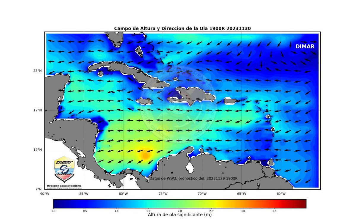 Dimarcolombia's tweet photo. 🚨 #AlertaDimar Nuestro #CIOH #Caribe, informa a la comunidad en general sobre el cambio en las condiciones meteomarinas en la cuenca del #Caribe Colombiano, impactan a poblaciones de #PuertoBolívar #Riohacha #SantaMarta #Barranquilla #Cartagena #Coveñas #SanAndrés y #Providencia https://t.co/ostlmyW2GF