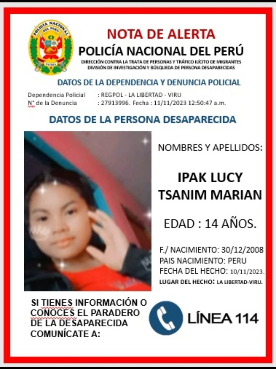 vg_sausa's tweet photo. ACTUALIZACIÓN III.
#LucyTeEstamosBuscando
Lucy es una estudiante de la IESM "Chapiza" (Río Santiago - Condorcanqui - Amazonas) que valientemente denunció a su profesor por acoso sexual. El 10 Octubre 2023, extrañamente la sacaron de su Colegio. Y luego, sin permiso de viaje de sus padres, apareció en Virú - La Libertad. Desde el 11Nov2023 desapareció. Se cree que está en Lima, sin la protección de su Familia. Ayúdamos a ubicarla.
Srs @MineduPeru y @MimpPeru
ustedes conocieron del riesgo y hoy Lucy está no habida ¿y ahora qué dirán?
@PoliciaPeru @FiscaliaPeru @drelm_lima @LuisAlbertoQG @Agencia_Andina @ecdata_pe @mayte_ciriaco @betovillarc @PuntoFinalOf @DeltaMdelta
@Jorgedett @WaltCzek @la_digitalnews @LaDataPublica @ARIFEcolectivos

https://t.co/Oq8Qdg9bjo