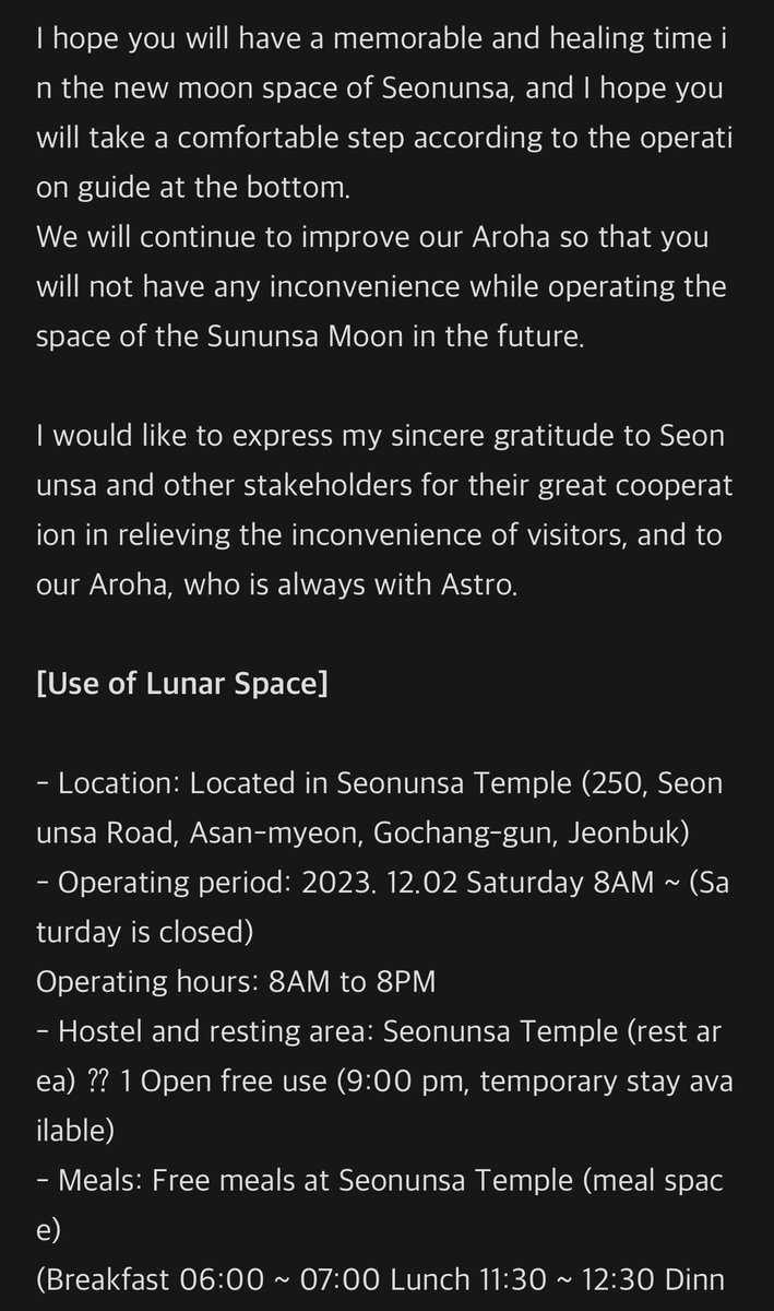 stanastro1602's tweet photo. Moon Space will be moved to Seonunsa Temple starting Dec 2.🥺 It may be farther but still grateful for the two places for a place to remember our beautiful Moon.🥺🌕

Seonunsa giving kind considerations (meal &amp; a place to stay) for Arohas who will travel a long way.🥹 Thank you. https://t.co/UTuzKOHaQ6
