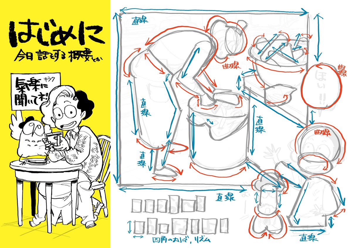 二日目はカフェスケッチで、大人数を描くコツも踏まえてのビッグシェイプの話と、「ぽさ」を伝えられるプロップ(舞台小道具)の話。
→何がいいと思ったか
→どう見せたいか
→(演出する意識)

CSIとビッグシェイプ繋がってるよーって言う話とか。 