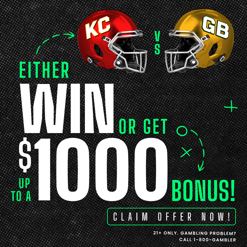 ActionNetworkHQ's tweet photo. This is your sign to get up to a $1,000 bonus... 💸

... By placing a bet on Kansas City vs. Green Bay! 👇