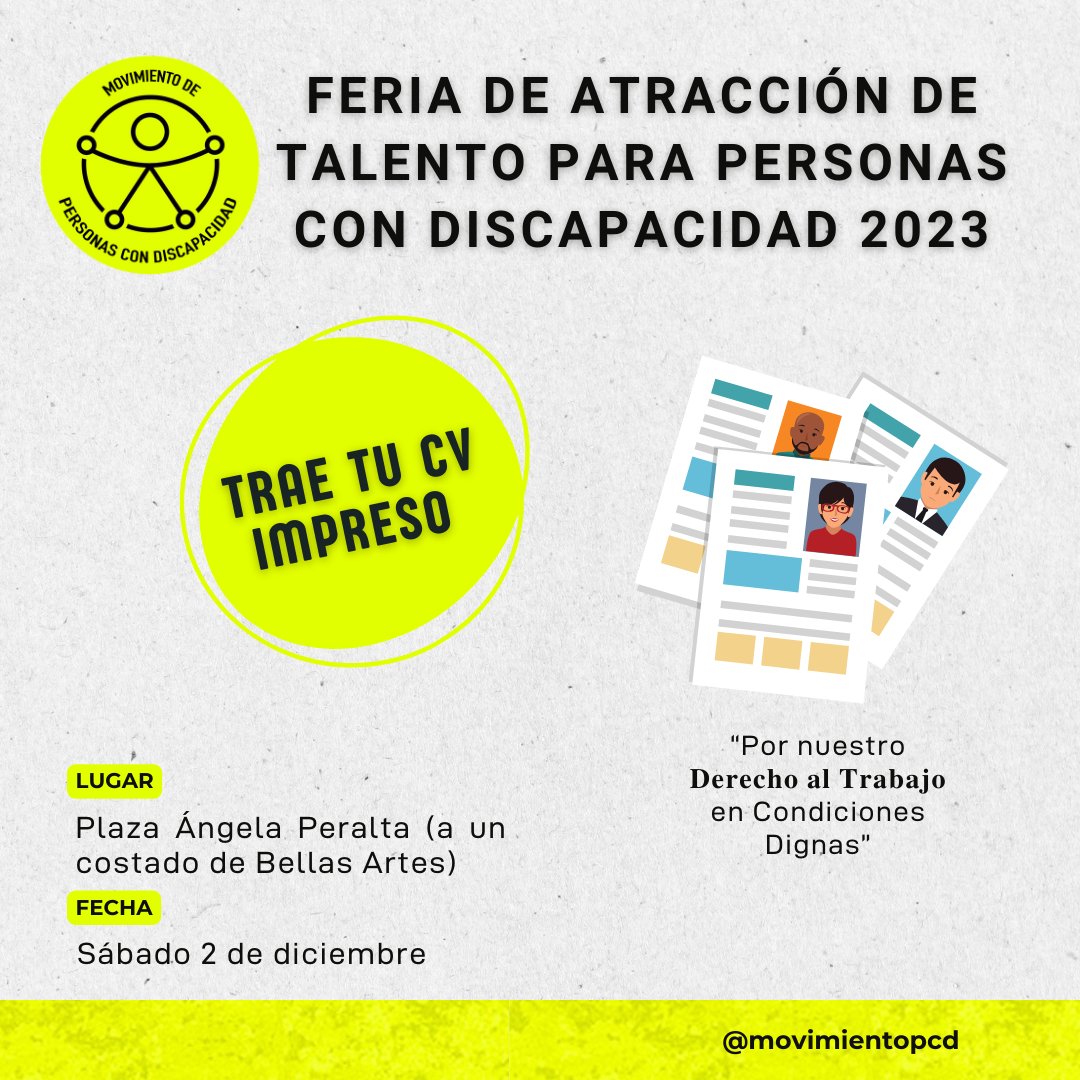 movimientoPcD's tweet photo. Este sábado al finalizar nuestro 3er Recorrido en Conmemoración del Día Internacional de las Personas con Discapacidad en CDMX  tendremos la "Feria de atracción de talento para personas con discapacidad 2023"

Recuerdo llevar varios CV impresos. https://t.co/JZDR8wnmzL