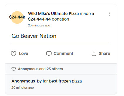 BeavRecruiting's tweet photo. Special shoutout to @WildMikesPizza for the milestone smashing donation!!
I know where my family will be spending pizza night this weekend.👏 https://t.co/f623zyjQ8d