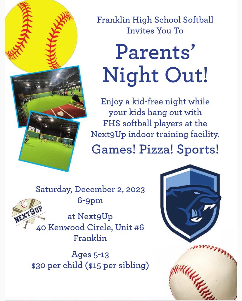 Saturday night — parents’ night out! Your kids can eat pizza and hang out with FHS softball players at Next9Up. 🥎

Sign up here:
signupgenius.com/go/10C054EA4AB…