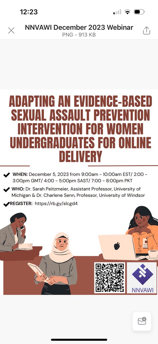 The final #NNVAWI webinar for 2023 is just a few days away! Both @SarahPeitzmeier and @CharleneSenn will be presenting on adapting an EB sexual assault intervention for women undergraduates. Scan the QR code below or click here to register umich.zoom.us/meeting/regist…