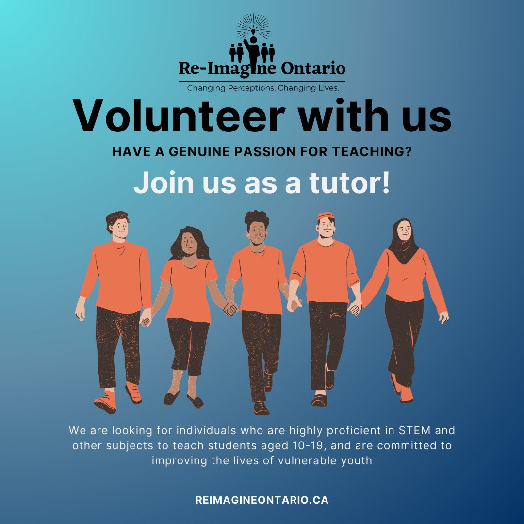 Are you passionate about teaching? Join us as we empower at-risk youth!

Find more information about this volunteer opportunity here: reimagineontario.ca/job/homework-t…

#volunteersneeded #tutors #lookingforvolunteers #reimagineontario #atriskyouth