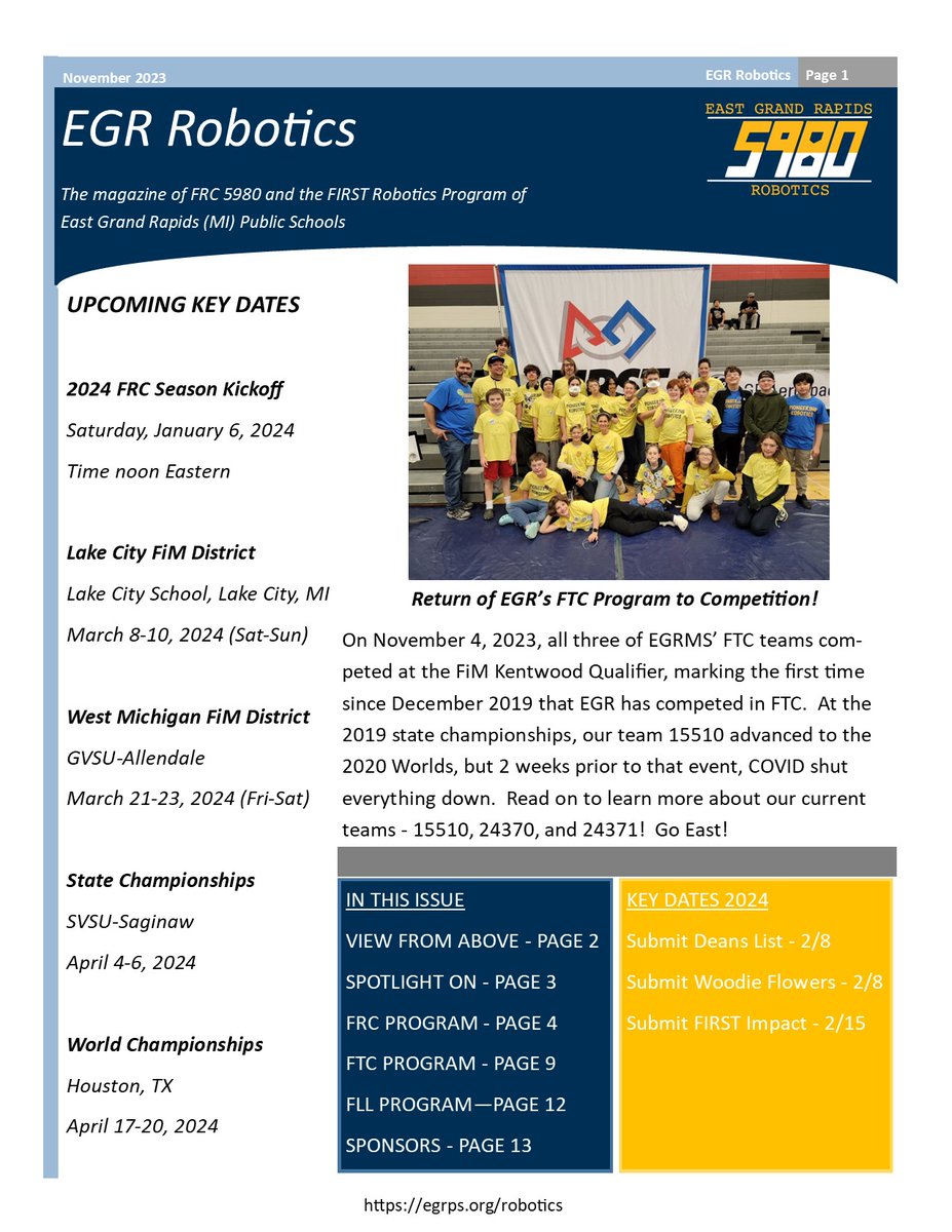 EGRRobotics5980's tweet photo. EGR Robotics is happy to announce the publication of our November newsletter. To read the full version, click on the link in bio. #robotics https://t.co/PJS5p4tqin