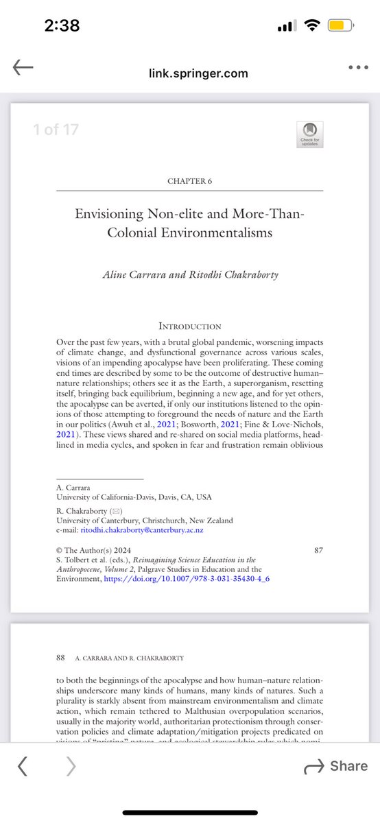 How is elite mainstream #environmentalism being challenged by non-elite communities? 👇🏾 It was an amazing experience working on this with my brilliant partner in life @AlineACarrara ❤️ Thanks 🙏🏽 Sara Tolbert for including us in this book. link.springer.com/book/10.1007/9…
